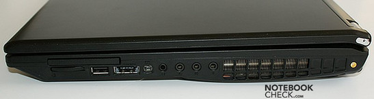 prawy bok: ExpressCard, czytnik kart, USB, USB/eSATA, FireWire, gniazda audio, wylot wentylatora, gniazdo antenowe
