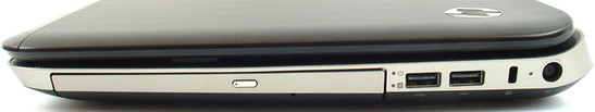 prawy bok: napęd optyczny, 2x USB 2.0, blokada Kensingtona, gniazdo zasilania