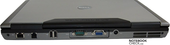 tył: LAN, modem, 2x USB (pionowo), COM, VGA, gniazdo zasilania, wylot wentylatora