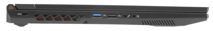 Po lewej: gniazdo blokady kabla, USB 3.2 gen. 1 (USB-A), USB 2.0 (USB-A), wejście mikrofonowe, łączone gniazdo audio