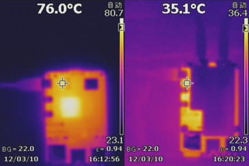 Temperatura PCB z i bez chłodnicy cieczy (źródło obrazu: Seeed Studio)