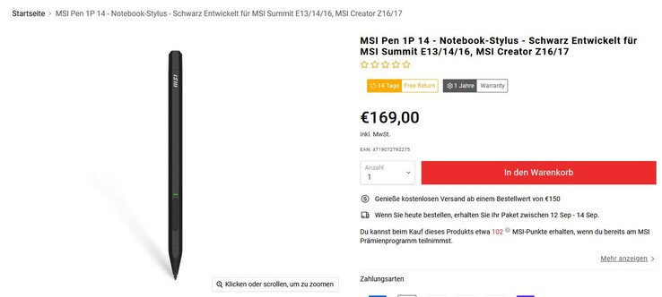 MSI Pen 1P 14 kosztuje dodatkowo 169 euro (zrzut ekranu ze strony MSI)