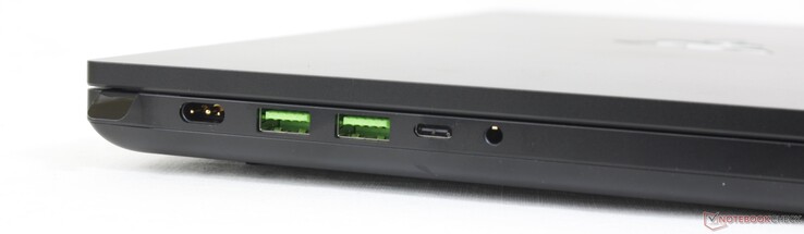 Po lewej: zasilacz AC, 2x USB-A 3.2 Gen. 2, USB-C 3.2 Gen. 2 w/ DisplayPort + Power Delivery, zestaw słuchawkowy 3,5 mm