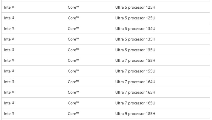 Zrzut ekranu z dokumentu pomocy technicznej Microsoft z procesorami Core Ultra (Zdjęcie: @momomo_us)