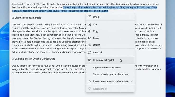 Zrzut ekranu z Notatnika w wersji 11.2401.25.0 . Copilot może być uruchamiany bezpośrednio z menu kontekstowego. (Blog Windows)