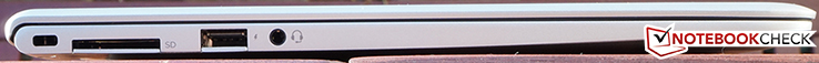 lewy bok: gniazdo blokady Kensingtona, czytnik kart pamięci, USB 3.0 (z funkcją zasilania), gniazdo audio