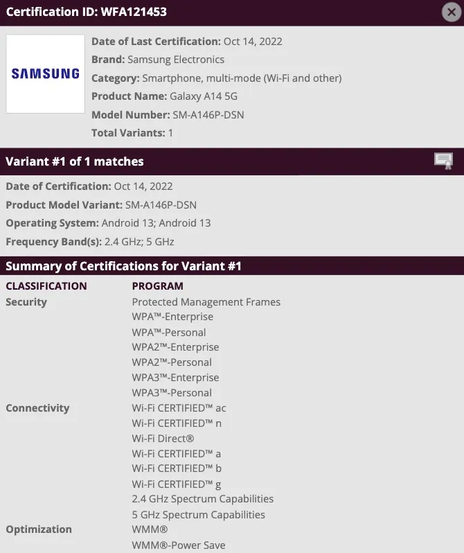 Galaxy A14 5G pomija szereg etapów przecieków i przechodzi bezpośrednio do oficjalnej certyfikacji. (Źródło: Wi-Fi Alliance)