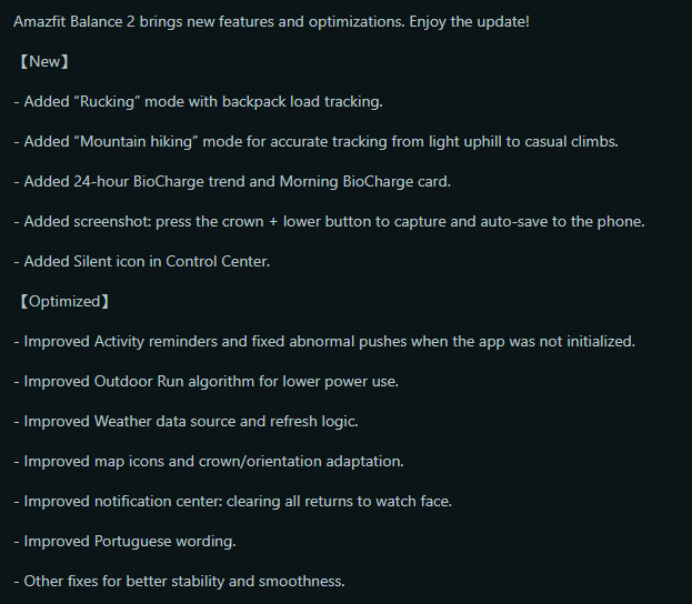 Zgłoszone informacje o wydaniu oprogramowania w wersji 3.35.0.5 dla smartwatcha Amazfit Balance 2. (Źródło obrazu: zrzut ekranu postu z u/FinishDue3792 na Reddit)