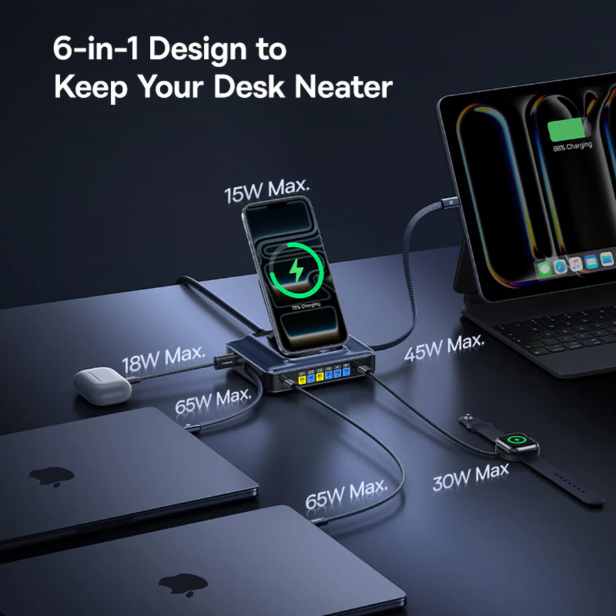 Baseus prezentuje stację ładującą Nomos NH21 6 w 1 GaN z dwoma zwijanymi kablami i wbudowanym wyświetlaczem