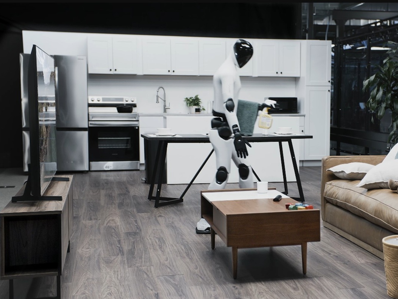Rysunek przedstawia humanoidalnego robota Helix 02 z napędem, który autonomicznie sprząta salon z ludzką prędkością