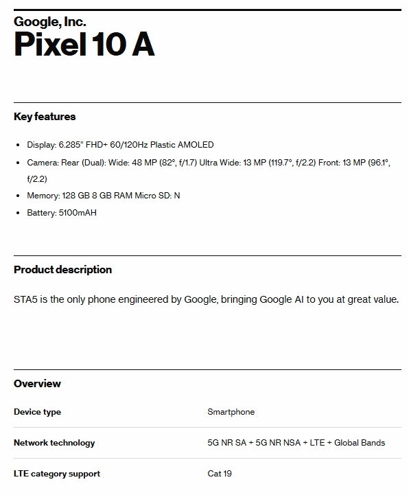 Rzekoma certyfikacja Google Pixel 10a na Verizon (źródło obrazu: Evan Blass)