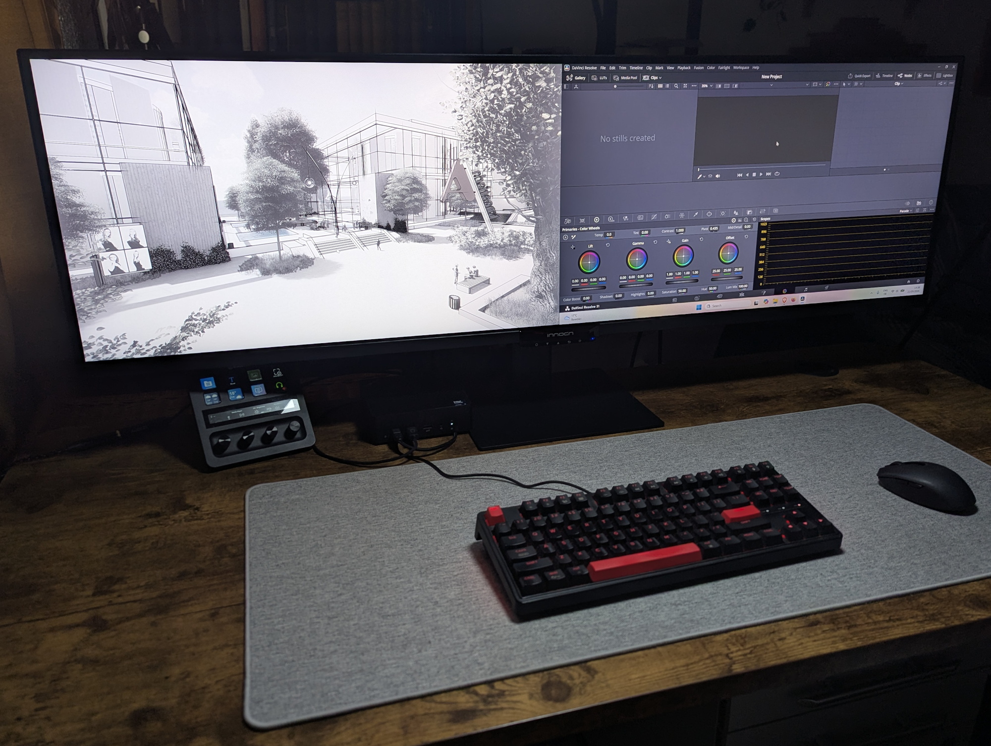 Na ekranie urządzenia Innocn E49M1R po lewej stronie wyświetlany jest rysunek techniczny, a po prawej stronie program DaVinci Resolve.