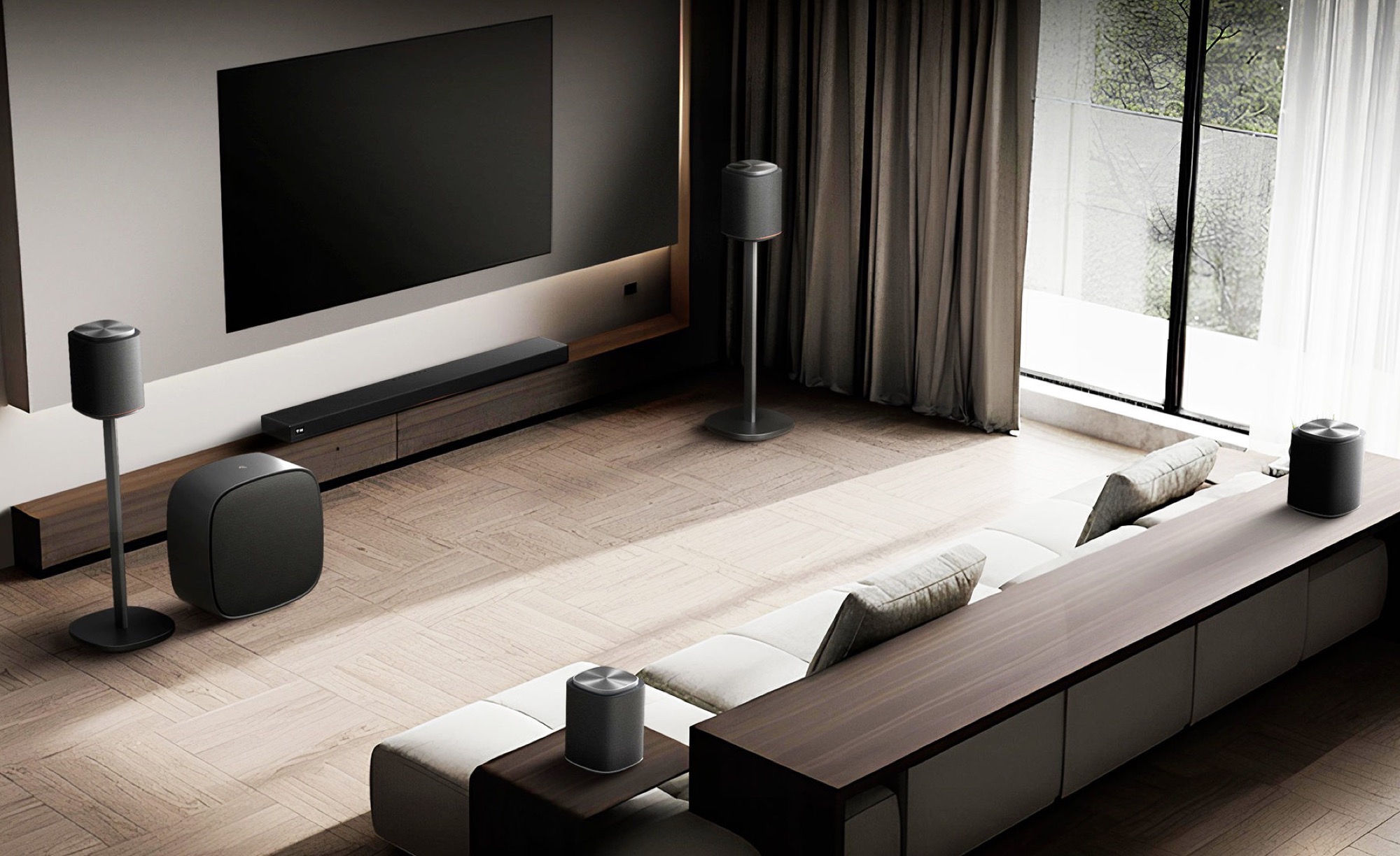 LG Sound Suite łączy soundbar z głośnikami bezprzewodowymi, tworząc 13.1.7-kanałową konfigurację surround
