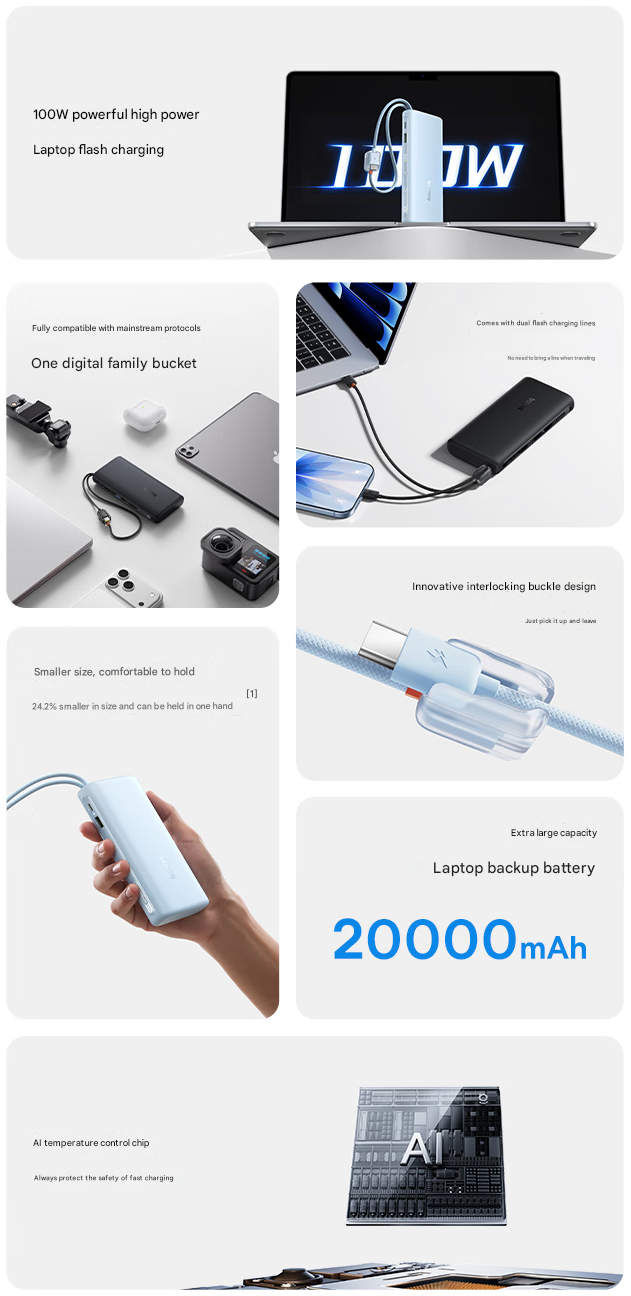Główne zalety power banku (źródło obrazu: Baseus - przetłumaczone maszynowo)