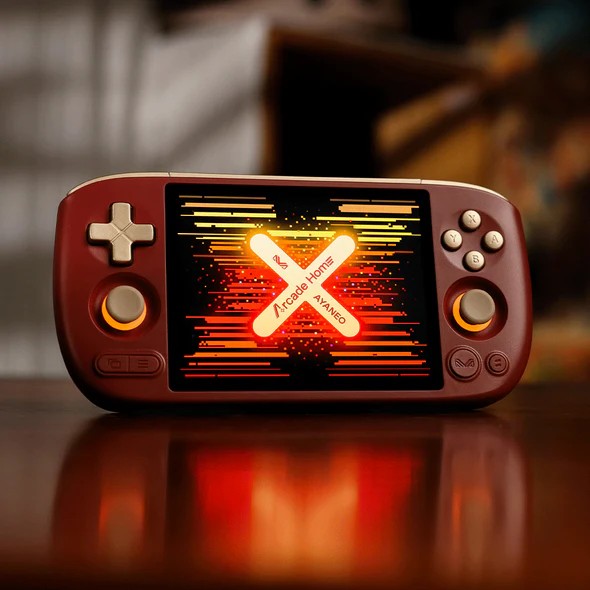 Ayaneo Pocket Air Mini Arcade Home Limited Edition ma czerwoną obudowę i złote elementy sterujące.