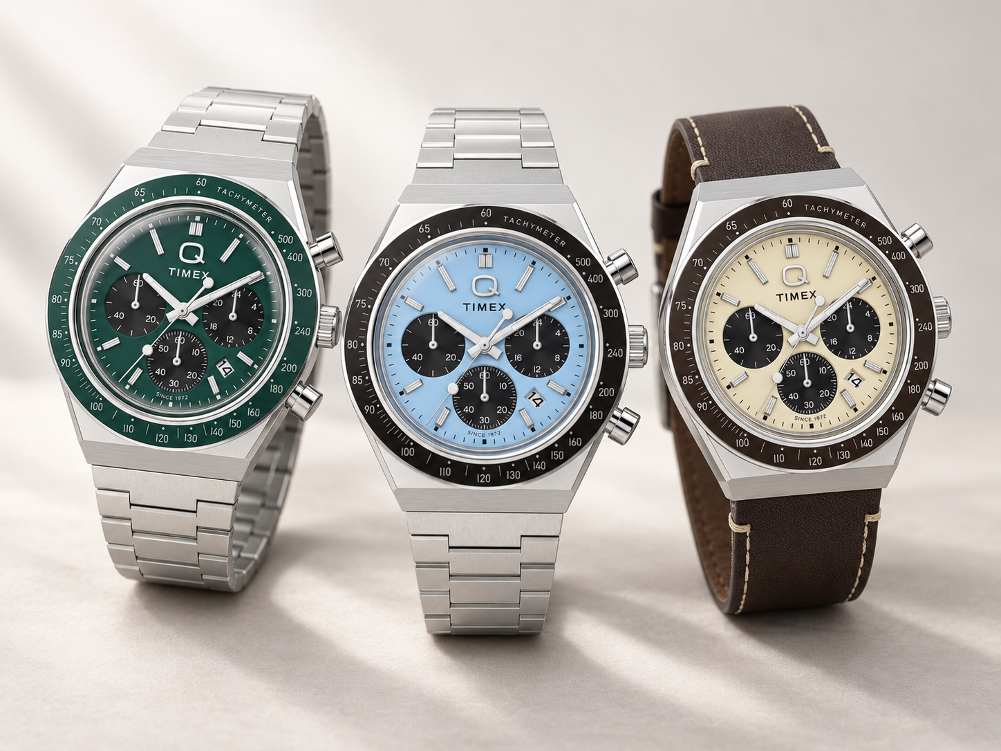 Firma Timex wprowadza na rynek trzy nowe modele zegarków Q Chronograph z tarczami w kolorze zielonym, lodowoniebieskim i khaki