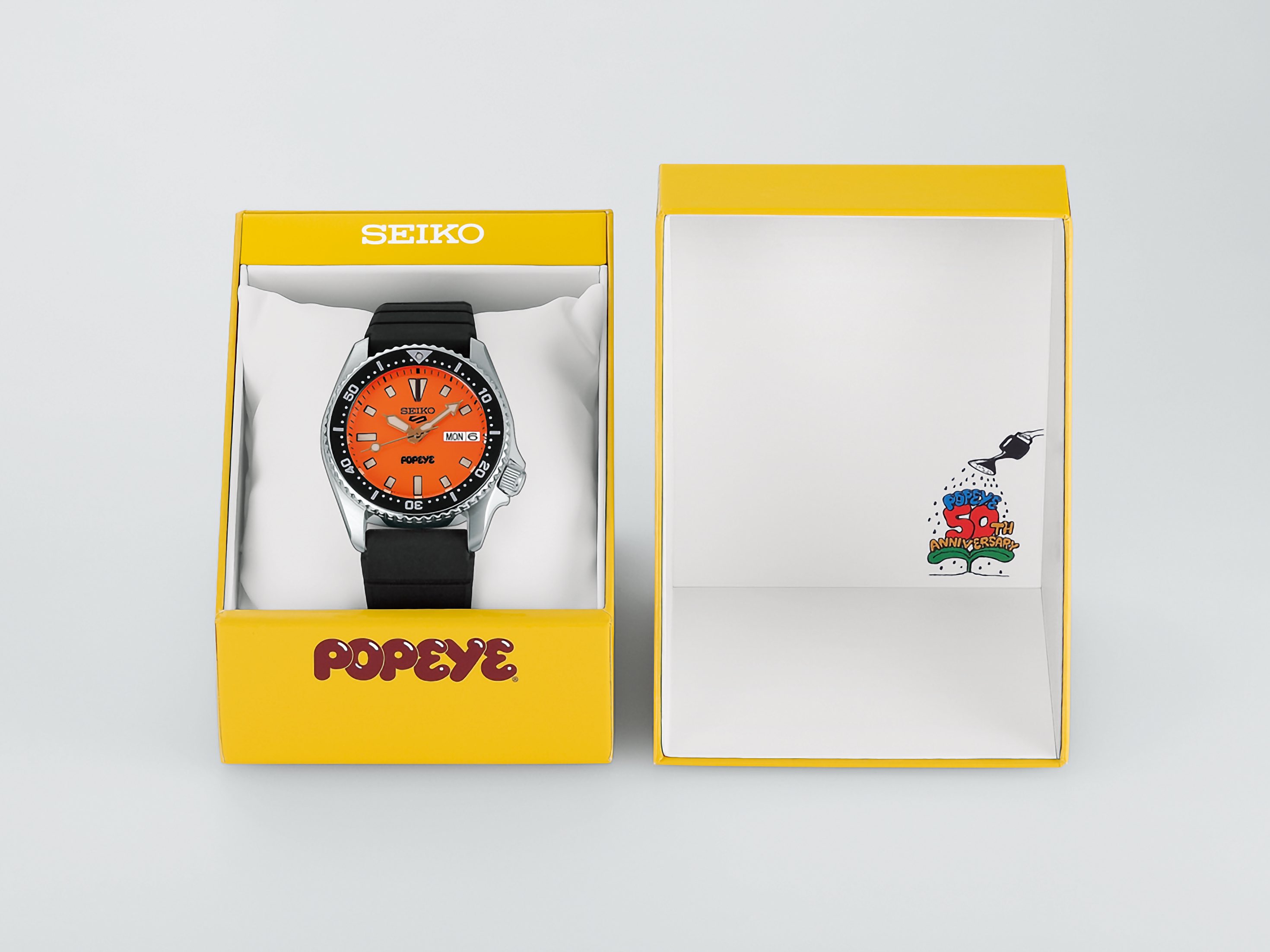 Nowy zegarek automatyczny Seiko 5 Sports x Popeye z limitowanej edycji pojawia się na rynku z pomarańczową tarczą i mechanizmem kalibru 4R34