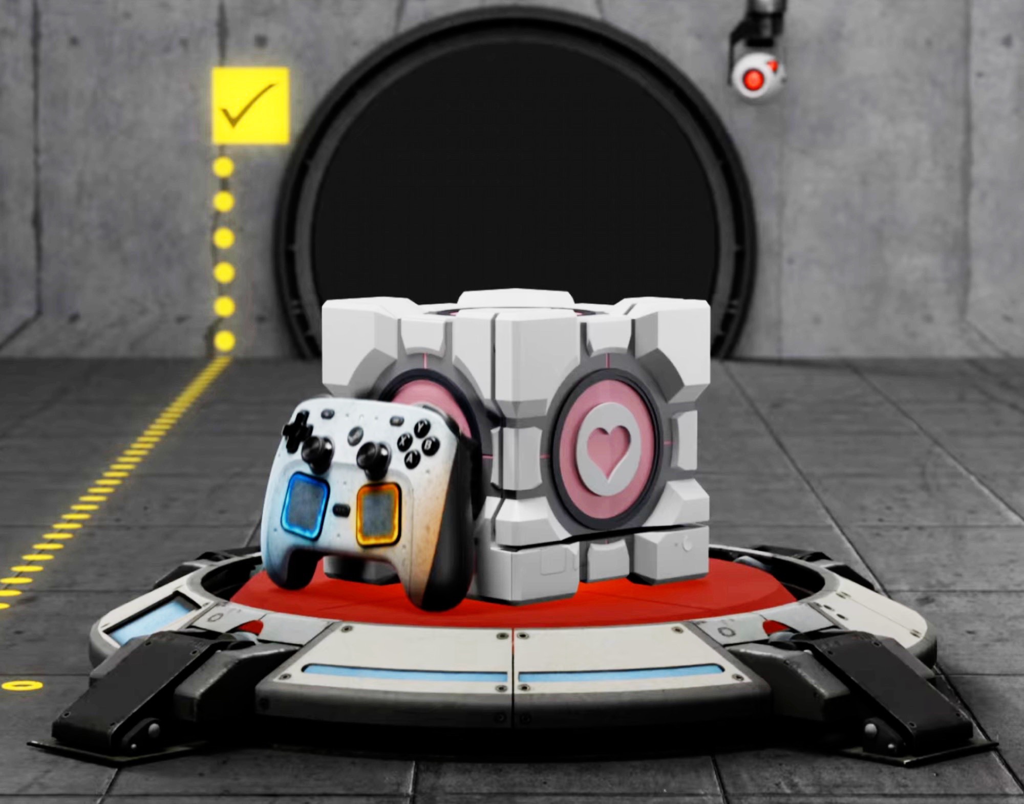 Dzięki temu etui urządzenie Steam Machine staje się „Companion Cube” z gry „Portal”, wraz z dopasowanym kontrolerem