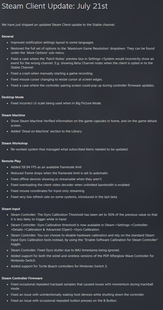 Oficjalne informacje o aktualizacji serwisu Steam.