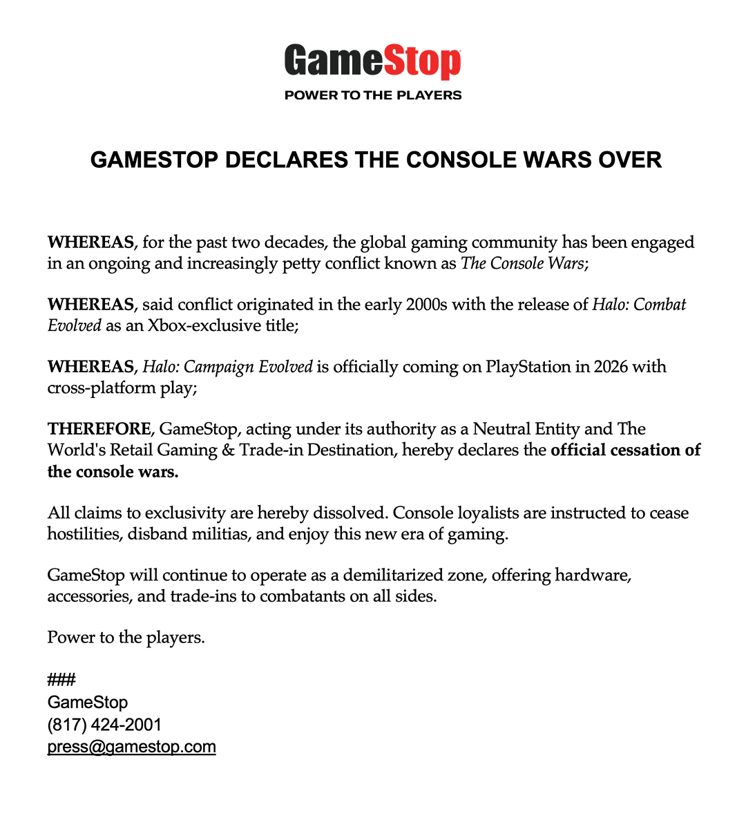 GameStop ogłasza "koniec wojen konsolowych", odnosząc satyryczne zwycięstwo kosztem fanów