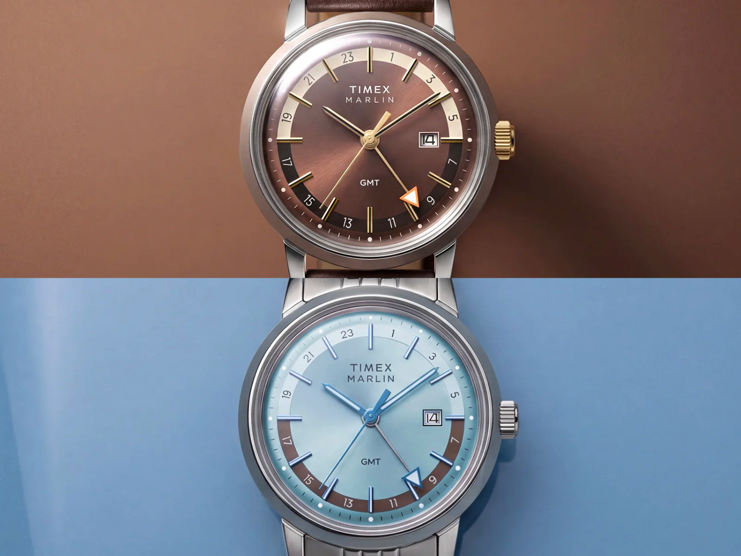 Firma Timex przedstawia dwa nowe modele Marlin GMT w efektownych wersjach w kolorze lodowoniebieskim i brązowym