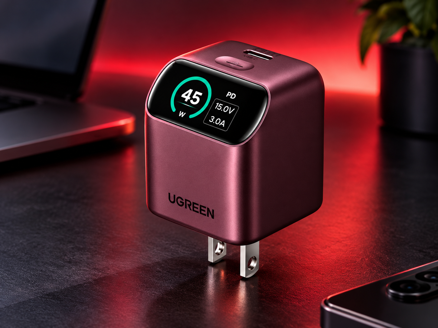 Ugreen wprowadza nową, niewielką ładowarkę Burgundy o mocy 45 W z wbudowanym inteligentnym wyświetlaczem