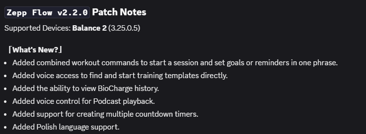 Informacje o wydaniu Zepp Flow v2.2.0. (Źródło obrazu: Zrzut ekranu z Discord)