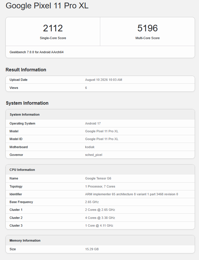 Wpis dotyczący Google Tensor G6 w serwisie Geekbench