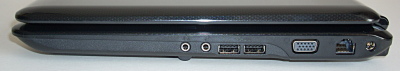 prawy bok: wyjście słuchawkowe, wejście mikrofonowe, 2x USB, VGA, LAN, gniazdo zasilania