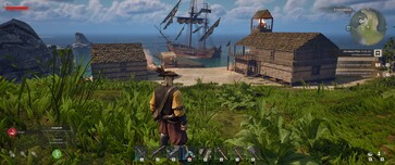 Na zdjęciu: Baza w Windrose. Statek piracki stoi na kotwicy.