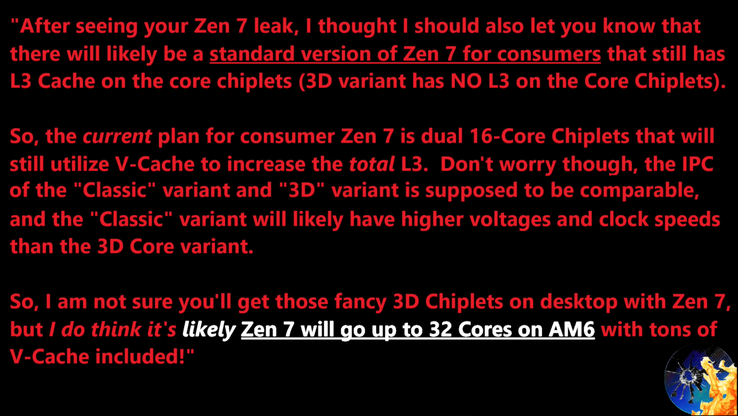 Wyciek liczby rdzeni procesorów AMD Zen 7 AM6. (Źródło obrazu: Moore's Law Is Dead na YouTube)