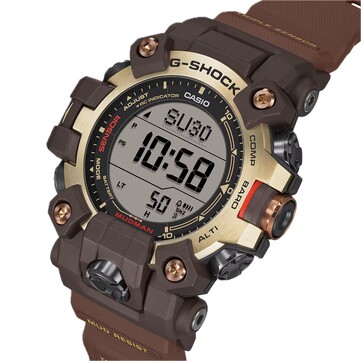 Widok pod kątem modelu G-Shock Mudman GW-9500MH-5, prezentujący jego dwustronny wyświetlacz LCD oraz jasnożółto-brązową kolorystykę.