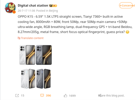Specyfikacja modelu Oppo K15 oraz dwie wersje kolorystyczne przedstawione w poście na Weibo opublikowanym przez DCS (tłumaczenie maszynowe)