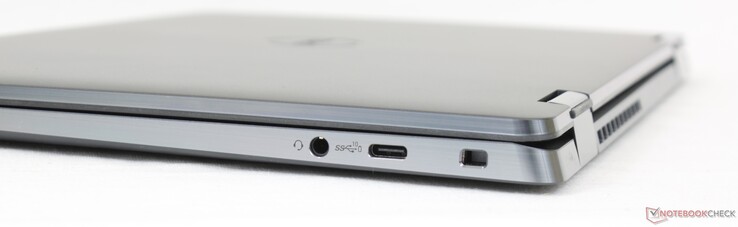 Po prawej: zestaw słuchawkowy 3,5 mm, USB-C 3.2 Gen. 2 w/ DisplayPort + Power Delivery, gniazdo blokady Wedge