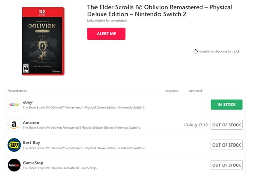 Narzędzie HotStock do śledzenia ceny gry Oblivion Remastered na Switch 2
