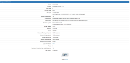 Rzekomy procesor AMD Zen 5 Ryzen 8000 8C/16T i karta graficzna RX 7900 w LHC@Home. (Źródło: LHC@Home)