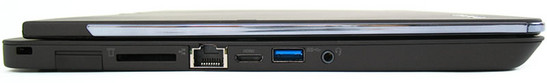 lewy bok: gniazdo blokady Kensingtona, gniazdo SIM, czytnik kart pamięci, LAN, mini HDMI, USB 3.0, gniazdo audio