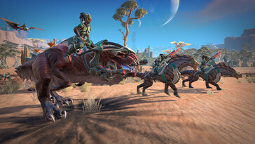 Ilustracja przedstawiająca Amazonki i dinozaury w grze „Age of Wonders: Planetfall”.