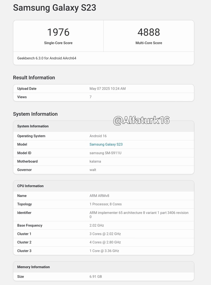A "Galaxy S23" wydaje się działać Android 16 na Geekbench. (Źródło: Geekbench via @Alfaturk16 na X)