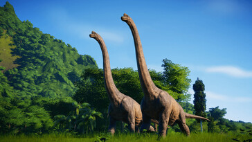 Obraz przedstawiający dwa brachiozaury w grze Jurassic World Evolution.