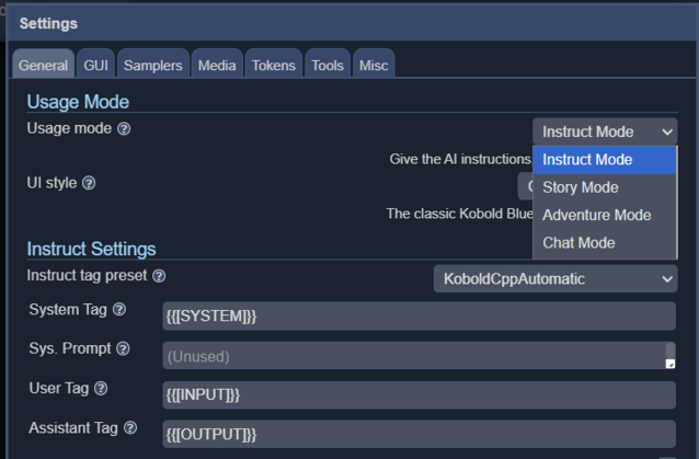 Instruktaż jest używany do wydawania instrukcji LLM, czat jest podobny do chatbota, historia jest dobra do pisania w stylu powieści, a przygoda jest najlepsza do interaktywnej fikcji w stylu RPG.