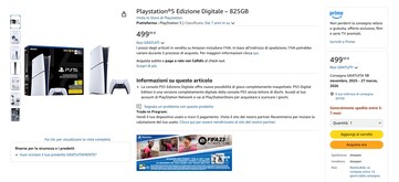 PS5 Digital Edition o pojemności 825 GB jest dostępna na włoskim Amazon. (Źródło obrazu: Amazon)
