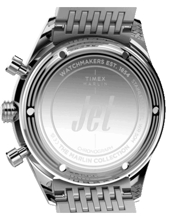 Widok z tyłu chronografu Timex Marlin Jet, ukazujący kopertę ze stali nierdzewnej, detale w postaci koncentrycznych okręgów, wygrawerowane oznaczenia oraz logo Jet.