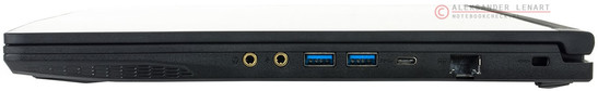prawy bok: dwa gniazda audio, dwa USB 3.0, USB 3.1 typu C, LAN, zaczep na linkę