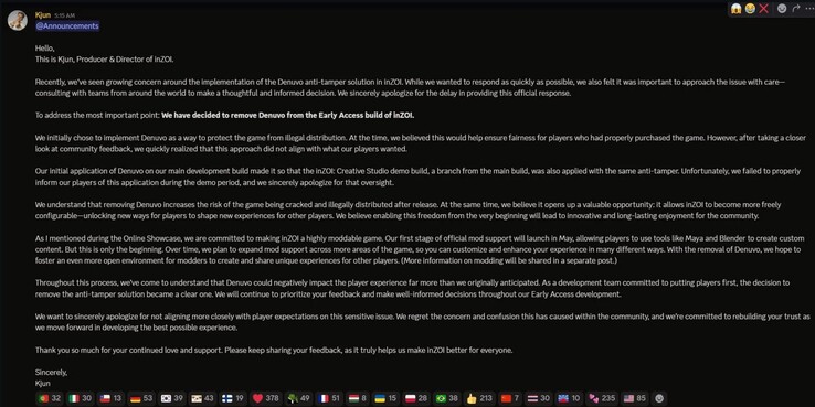 Ogłoszenie o usunięciu InZOI Denuvo (źródło obrazu: zrzut ekranu, InZOI discord)