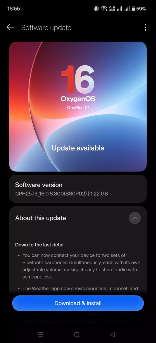 Ekran aktualizacji oprogramowania OnePlus 12 przedstawiający aktualizację OxygenOS 16.0.8.300, na którym podkreślono nową obsługę podwójnego przesyłania dźwięku przez Bluetooth oraz inne dodane funkcje.