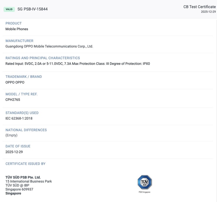 Certyfikat TÜV SÜD dla Oppo Find N6. (Źródło zdjęcia: TÜV SÜD)
