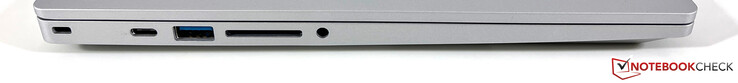 Po lewej: Kensington Lock, USB-C 3.2 gen. 2 (10 Gb/s, DisplayPort ALT mode 1.4, Power Delivery), USB-A 3.2 gen. (5 Gb/s), czytnik kart, 3,5-mm audio