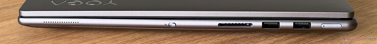 Po prawej: kamera internetowa eShutter, czytnik kart SD, 2x USB-A 3.2 Gen.1 (5 Gbit/s), przycisk zasilania