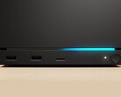 Widok z przodu Valve Steam Machine z dwoma portami USB, portem USB-C, diodą LED zasilania, okrągłym przyciskiem zasilania i niebieskim paskiem LED. (Źródło zdjęcia: Valve)